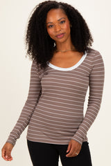 Taupe Striped Long Sleeve Scoop Neck Maternity Top