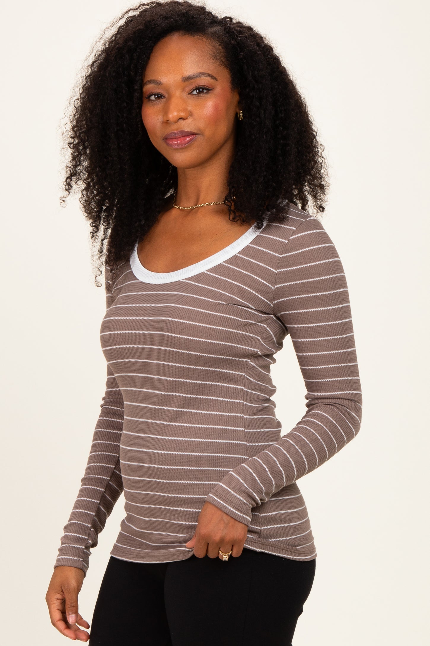 Taupe Striped Long Sleeve Scoop Neck Top