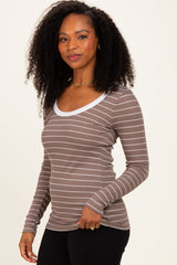 Taupe Striped Long Sleeve Scoop Neck Top