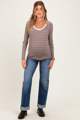 Taupe Striped Long Sleeve Scoop Neck Maternity Top