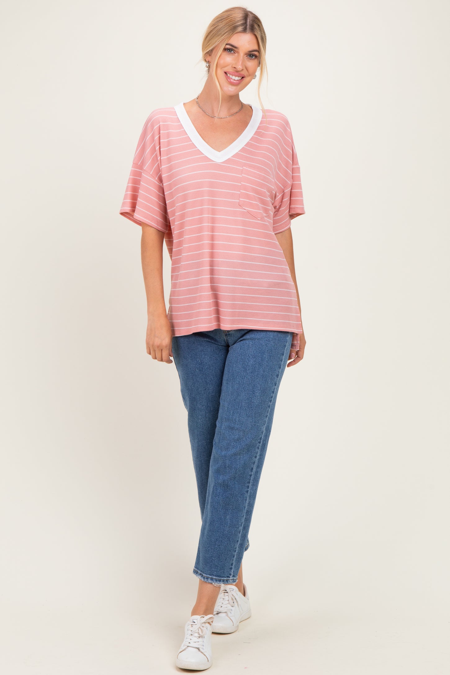 Coral Striped Short Sleeve V-Neck Top