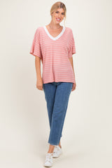 Coral Striped Short Sleeve V-Neck Top