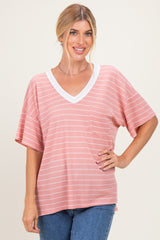 Coral Striped Short Sleeve V-Neck Top