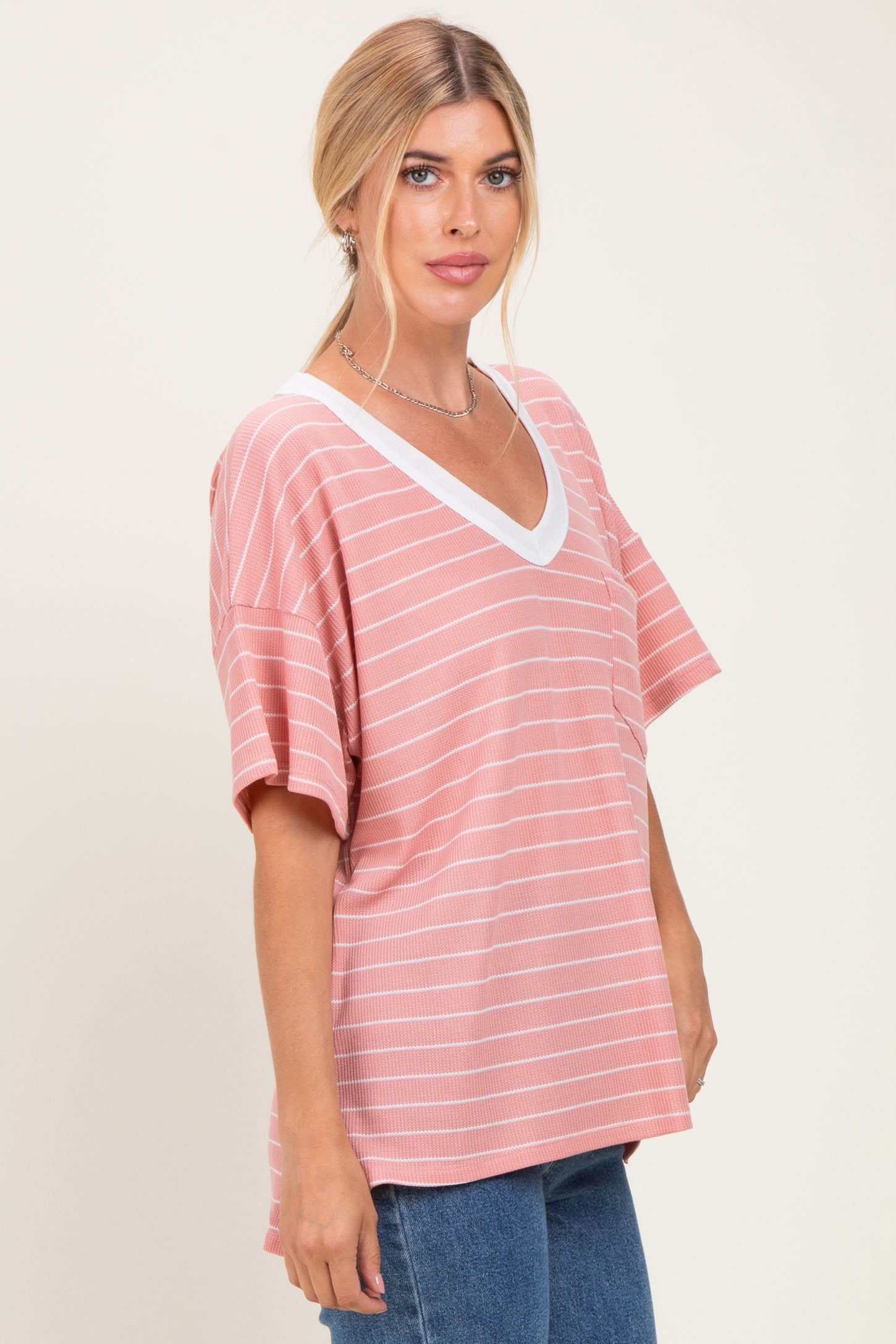 Coral Striped Short Sleeve V-Neck Top