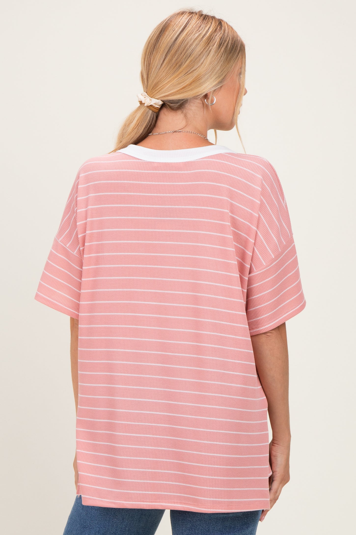 Coral Striped Short Sleeve V-Neck Top