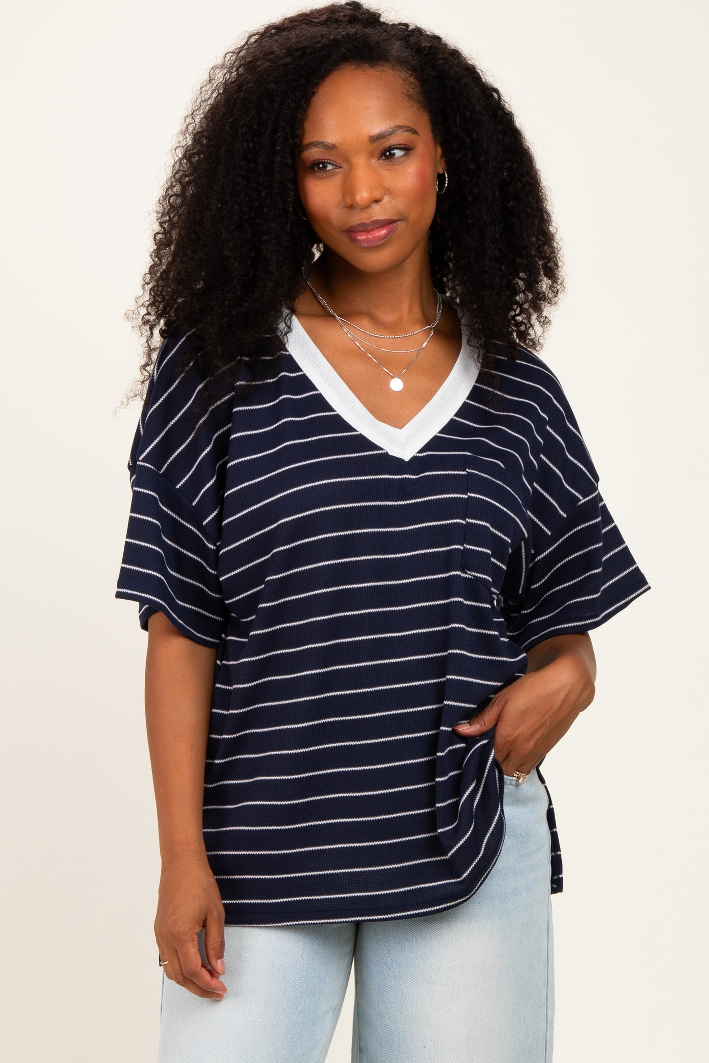 Navy Striped Short Sleeve V-Neck Top