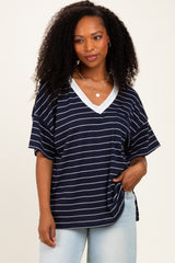 Navy Striped Short Sleeve V-Neck Top