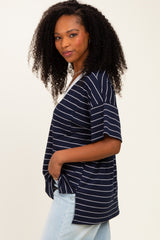 Navy Striped Short Sleeve V-Neck Top