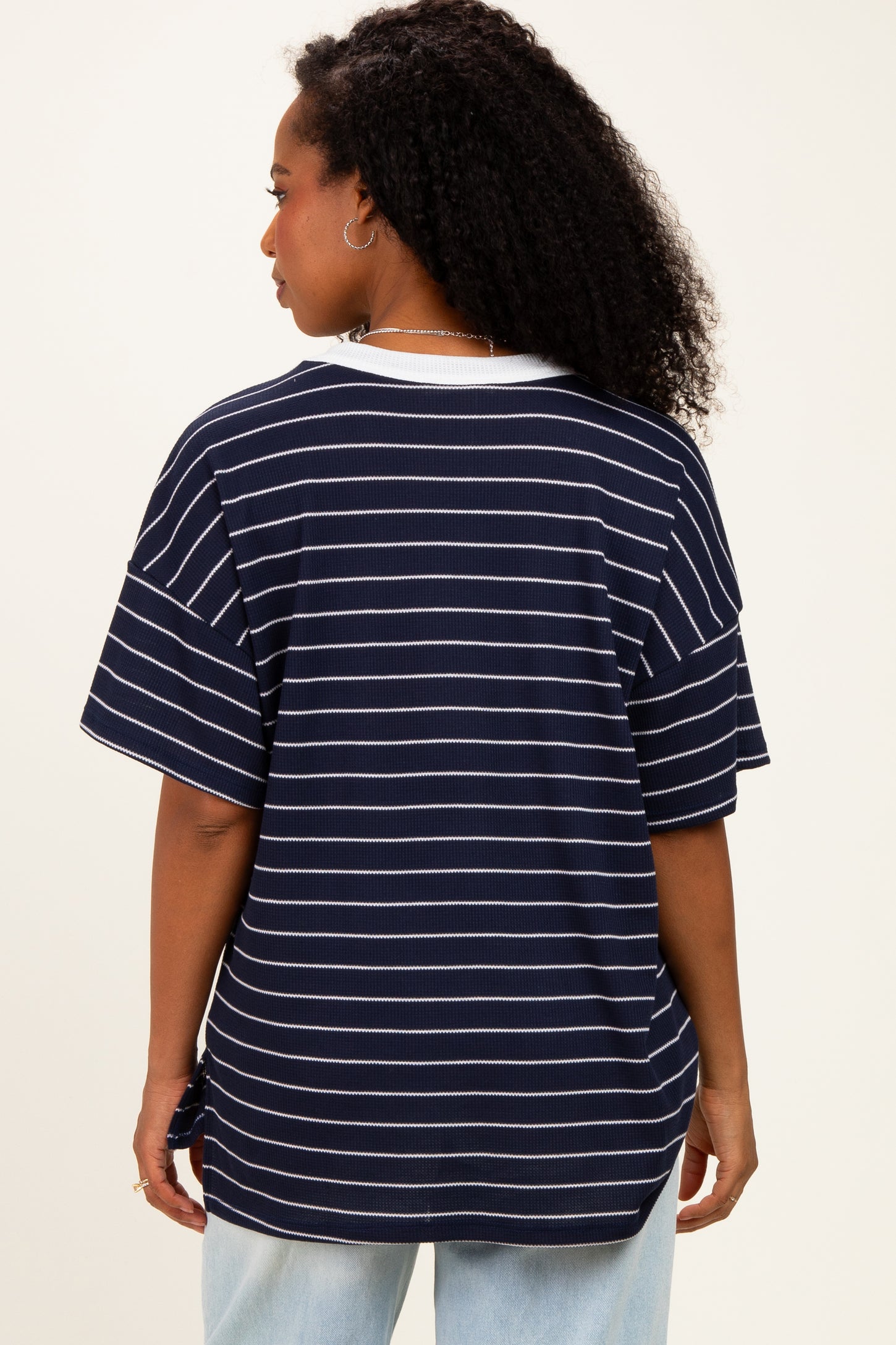 Navy Striped Short Sleeve V-Neck Top