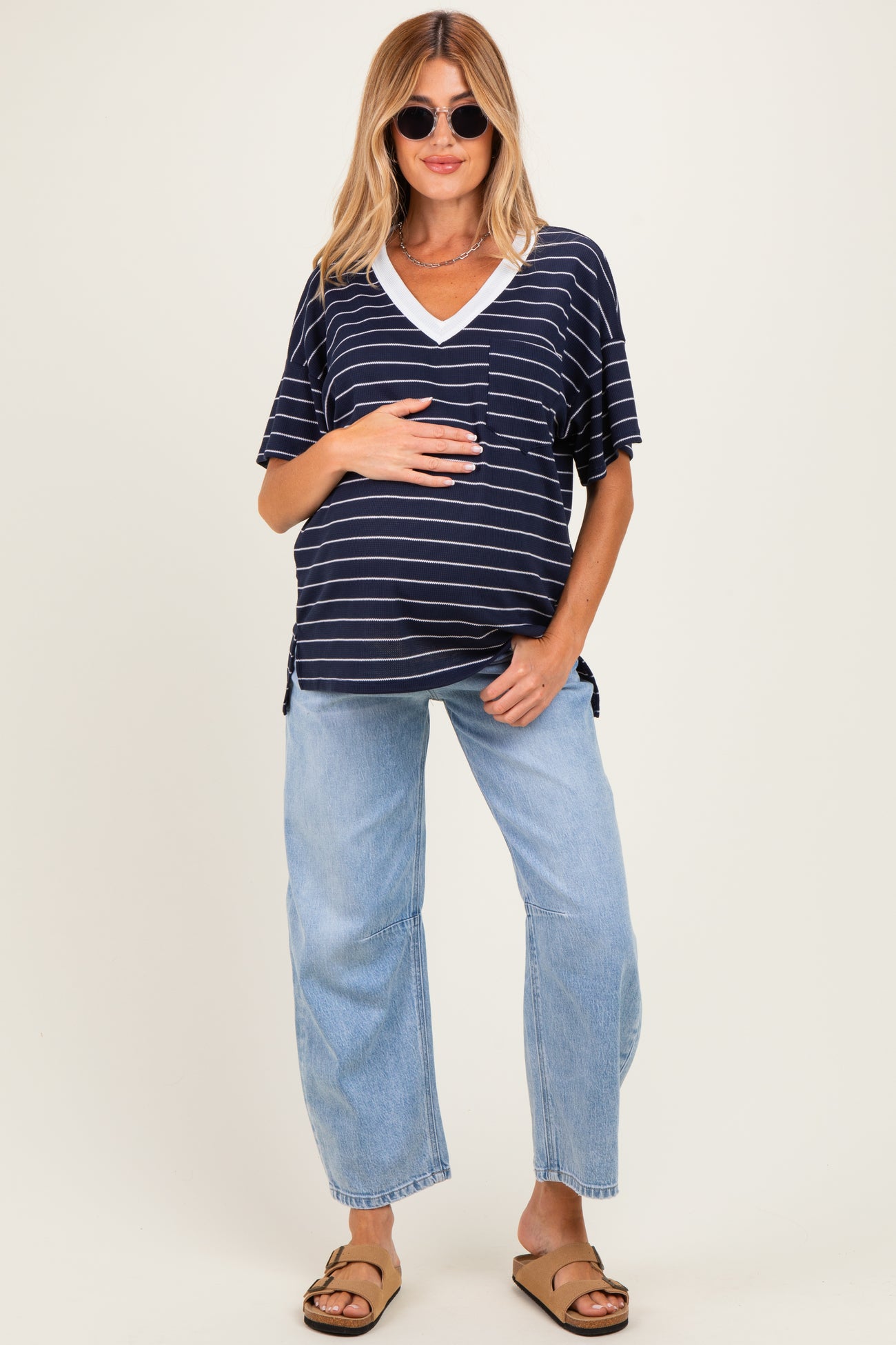 Navy Striped Short Sleeve V-Neck Maternity Top