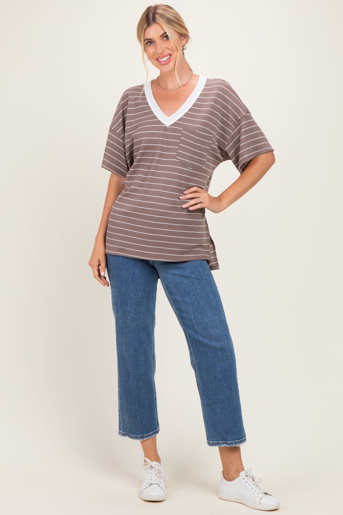 Taupe Striped Short Sleeve V-Neck Top