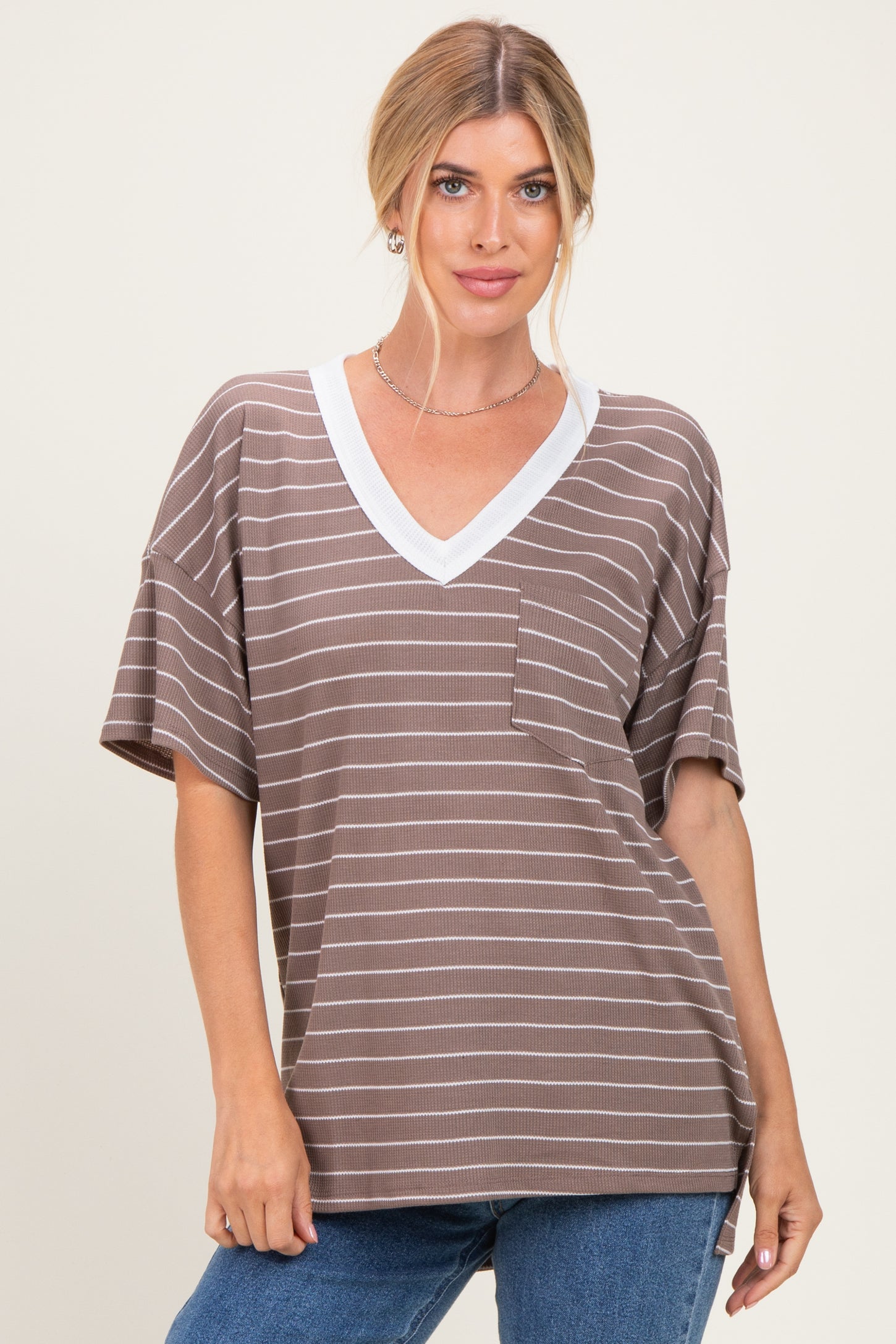 Taupe Striped Short Sleeve V-Neck Top