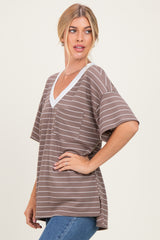 Taupe Striped Short Sleeve V-Neck Top