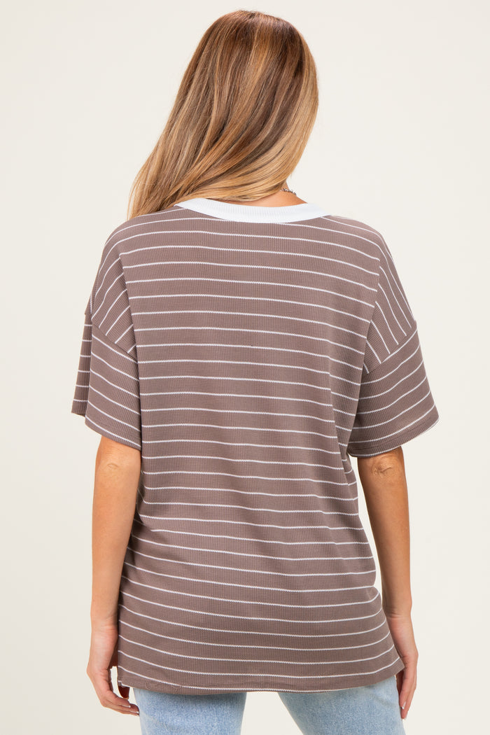 Taupe Striped Short Sleeve V-Neck Maternity Top