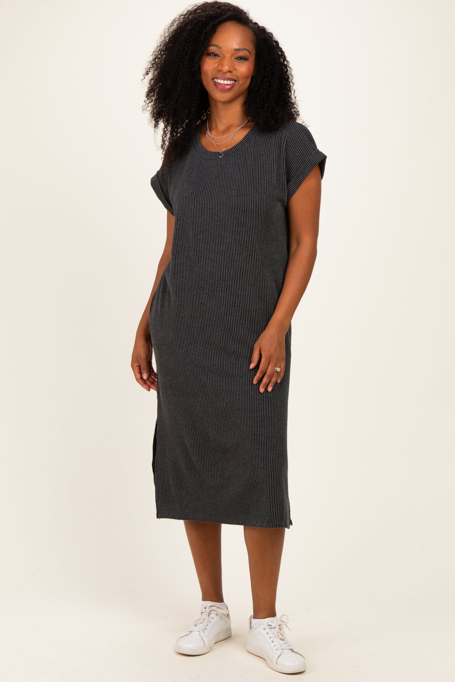 Charcoal Short Sleeve Ribbed Maxi Dress