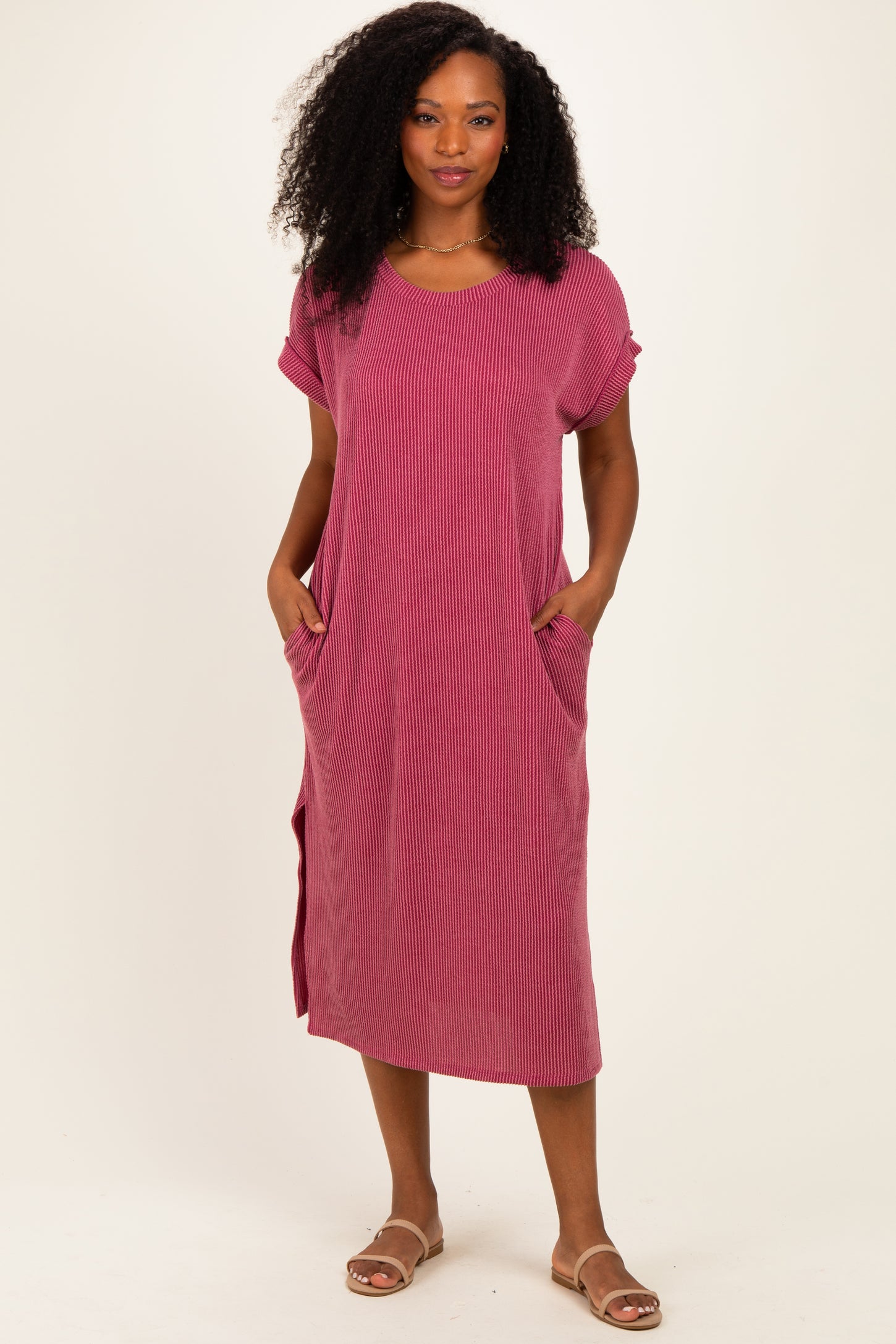 Mauve Short Sleeve Ribbed Maxi Dress