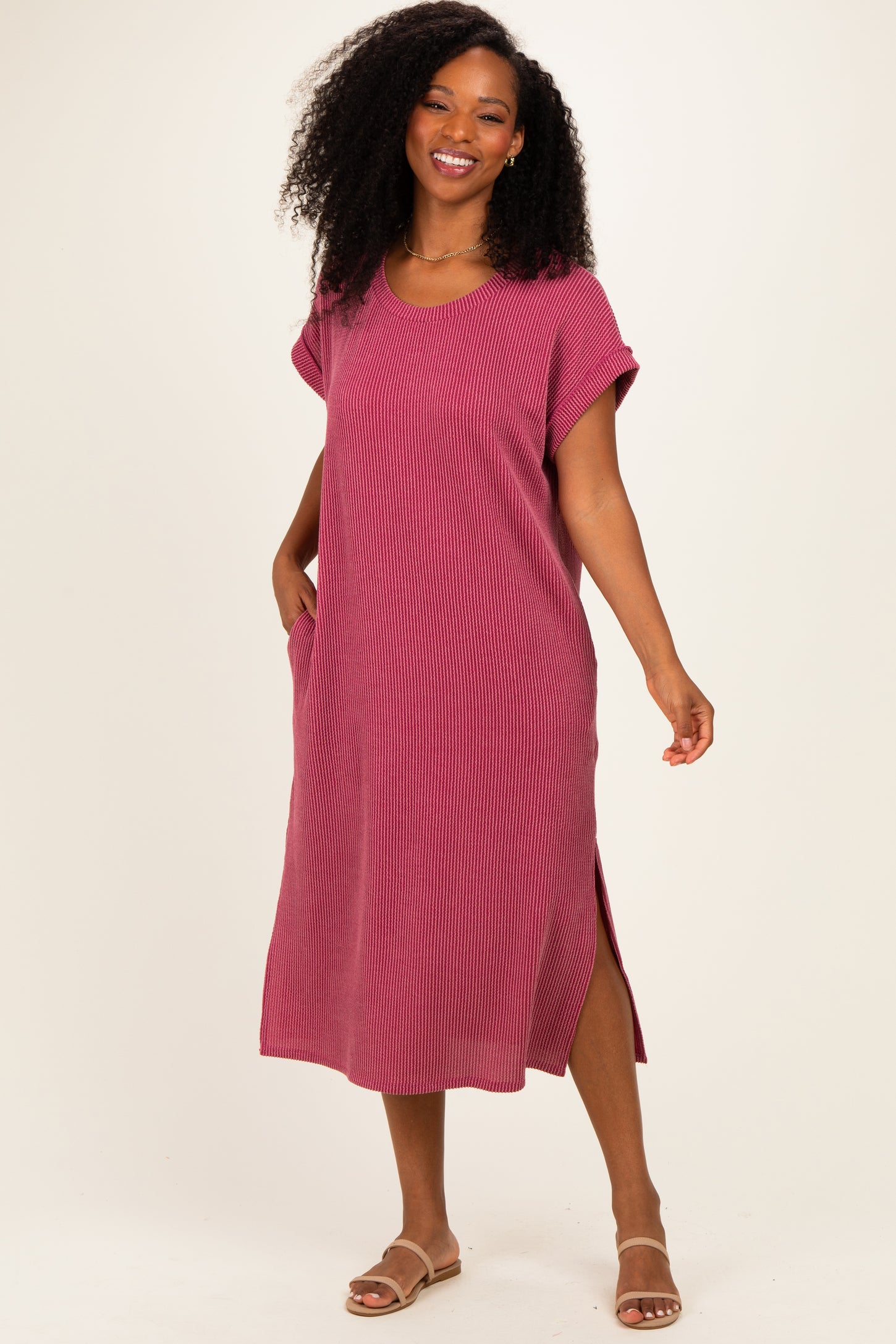 Mauve Short Sleeve Ribbed Maxi Dress