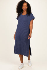 Navy Short Sleeve Ribbed Maxi Dress