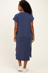 Navy Short Sleeve Ribbed Maxi Dress