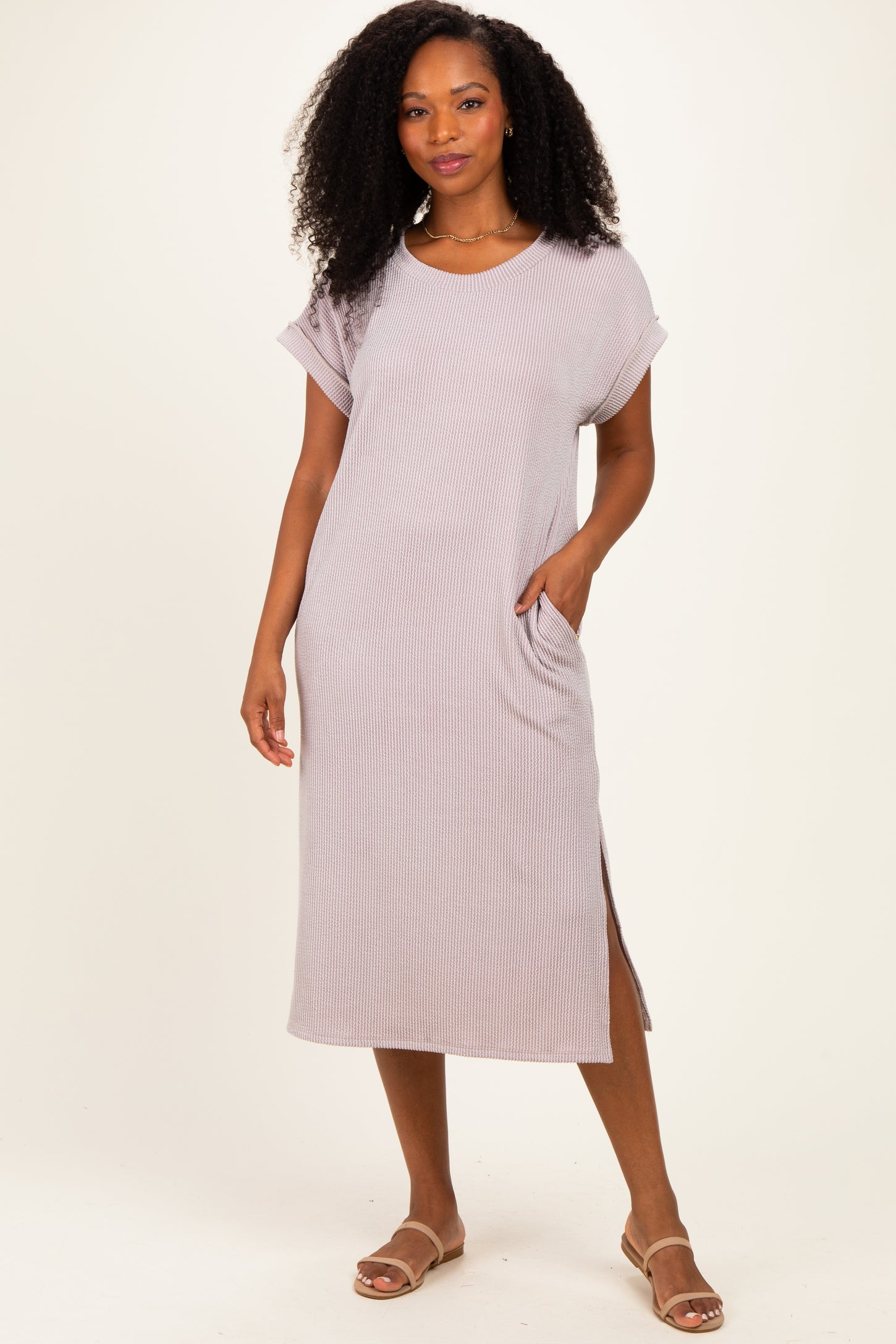 Beige Short Sleeve Ribbed Maxi Dress