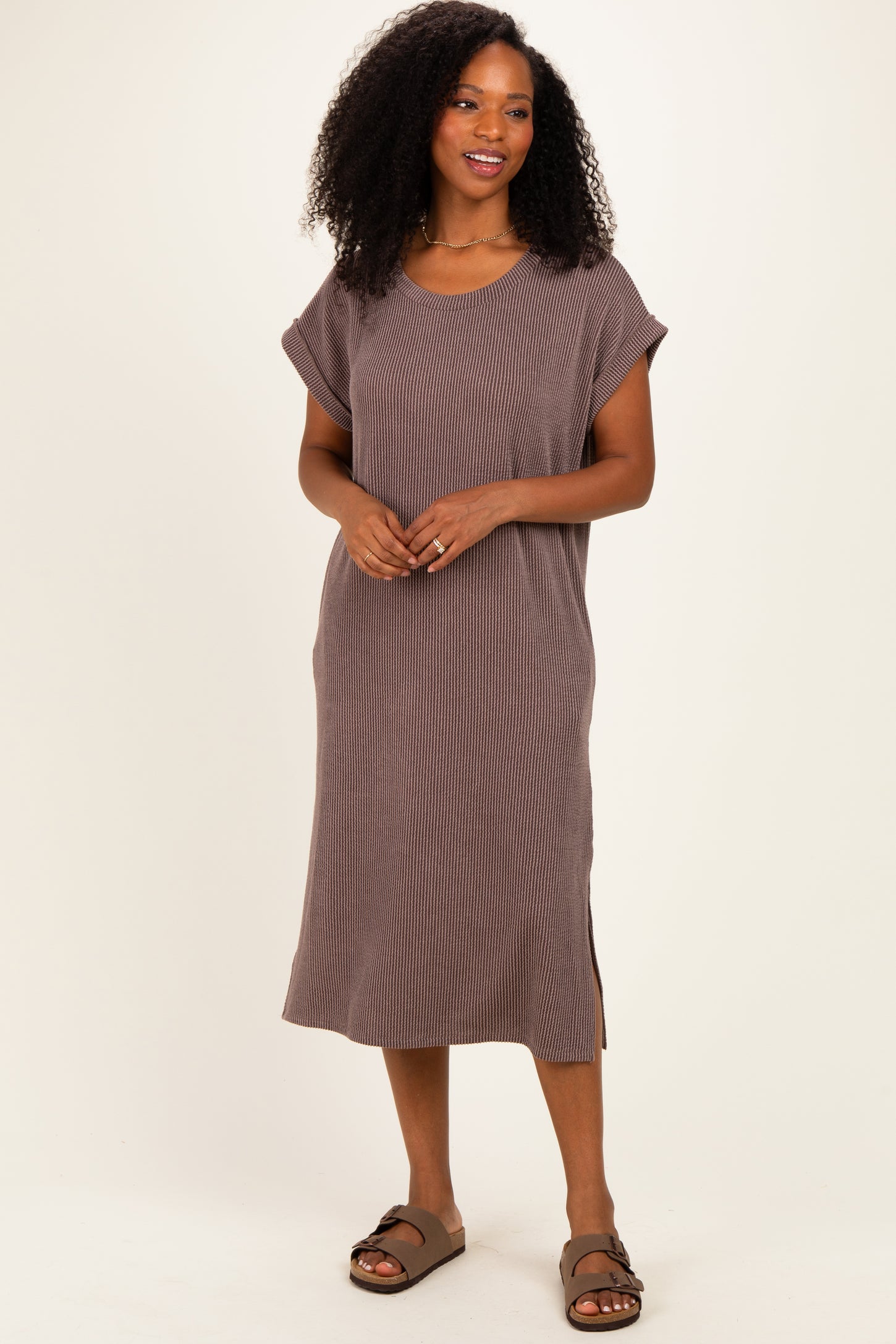 Brown Short Sleeve Ribbed Maxi Dress