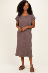 Brown Short Sleeve Ribbed Maxi Dress