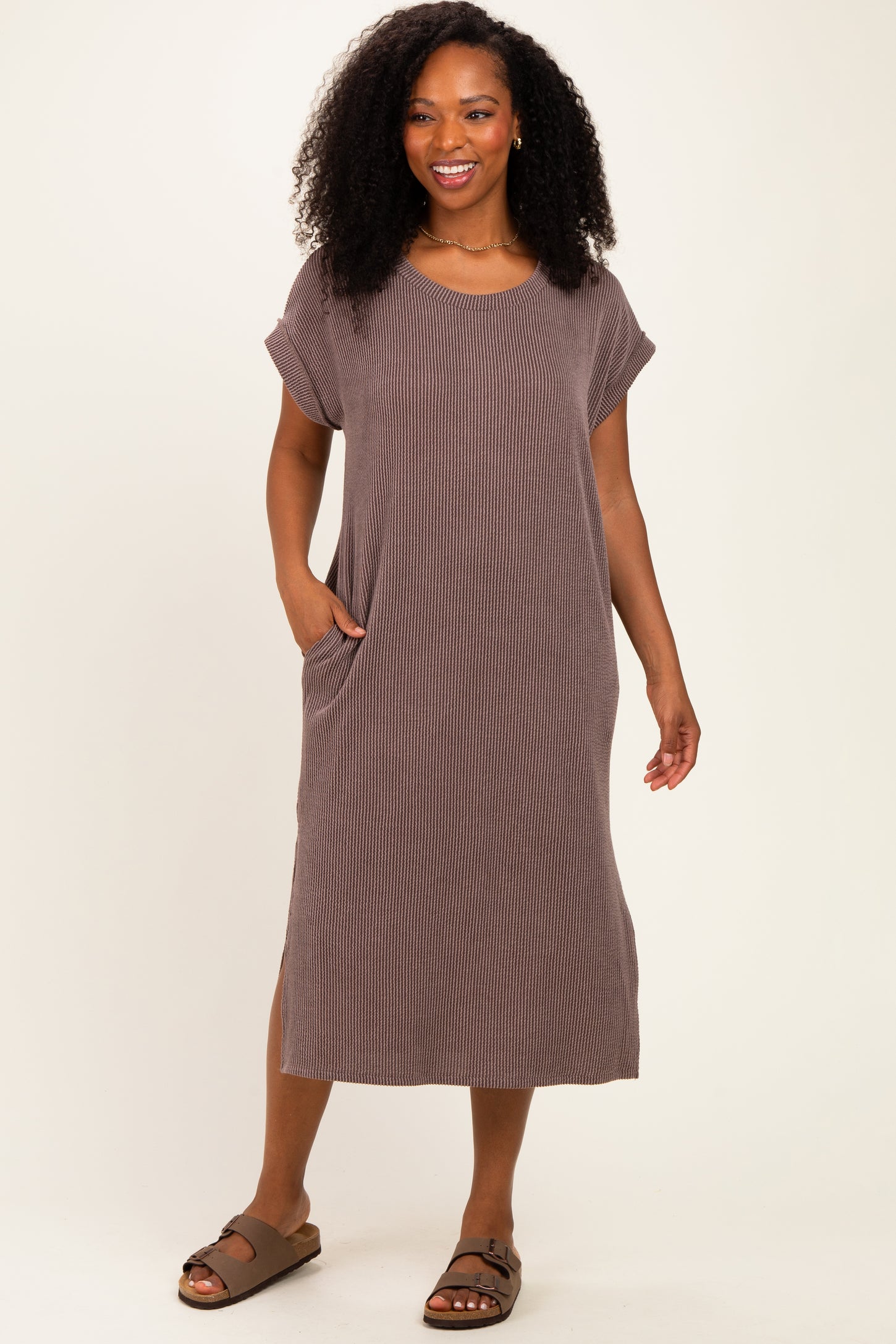 Brown Short Sleeve Ribbed Maxi Dress