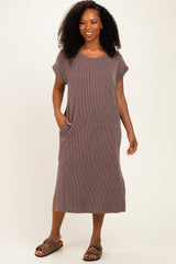 Brown Short Sleeve Ribbed Maxi Dress