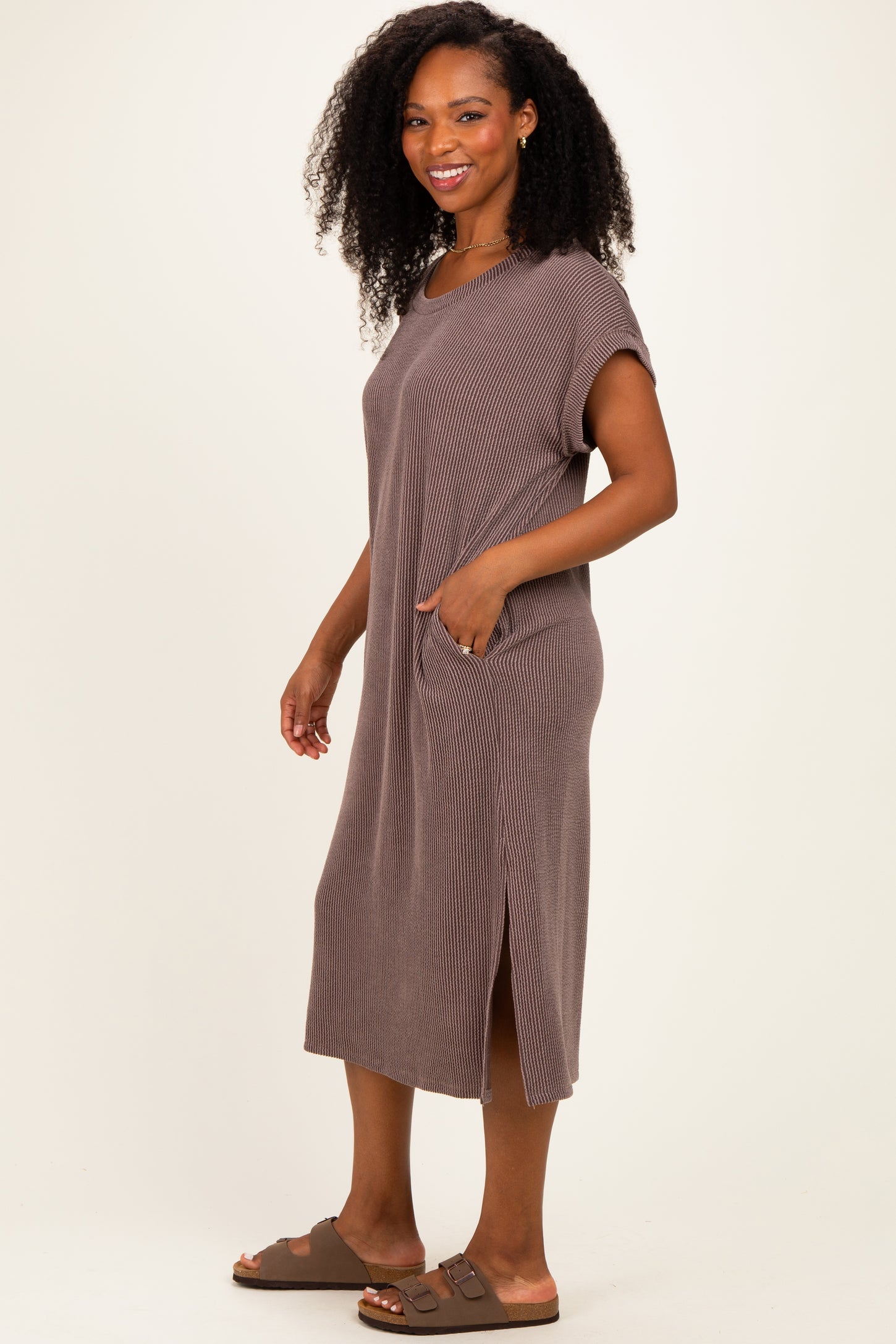 Brown Short Sleeve Ribbed Maxi Dress