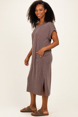 Brown Short Sleeve Ribbed Maxi Dress