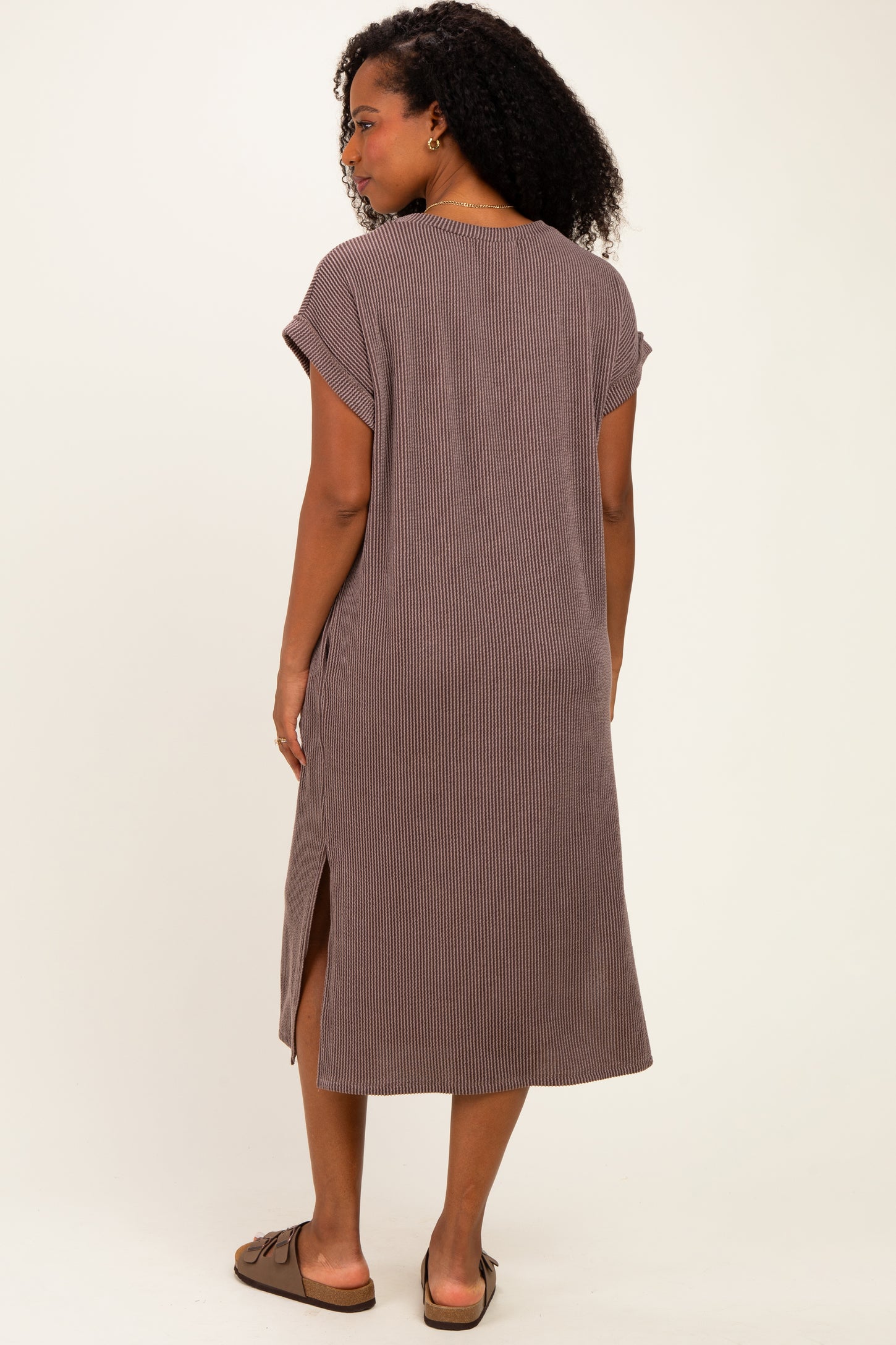 Brown Short Sleeve Ribbed Maxi Dress