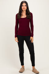 Burgundy Ribbed Scoop Neck Long Sleeve Top