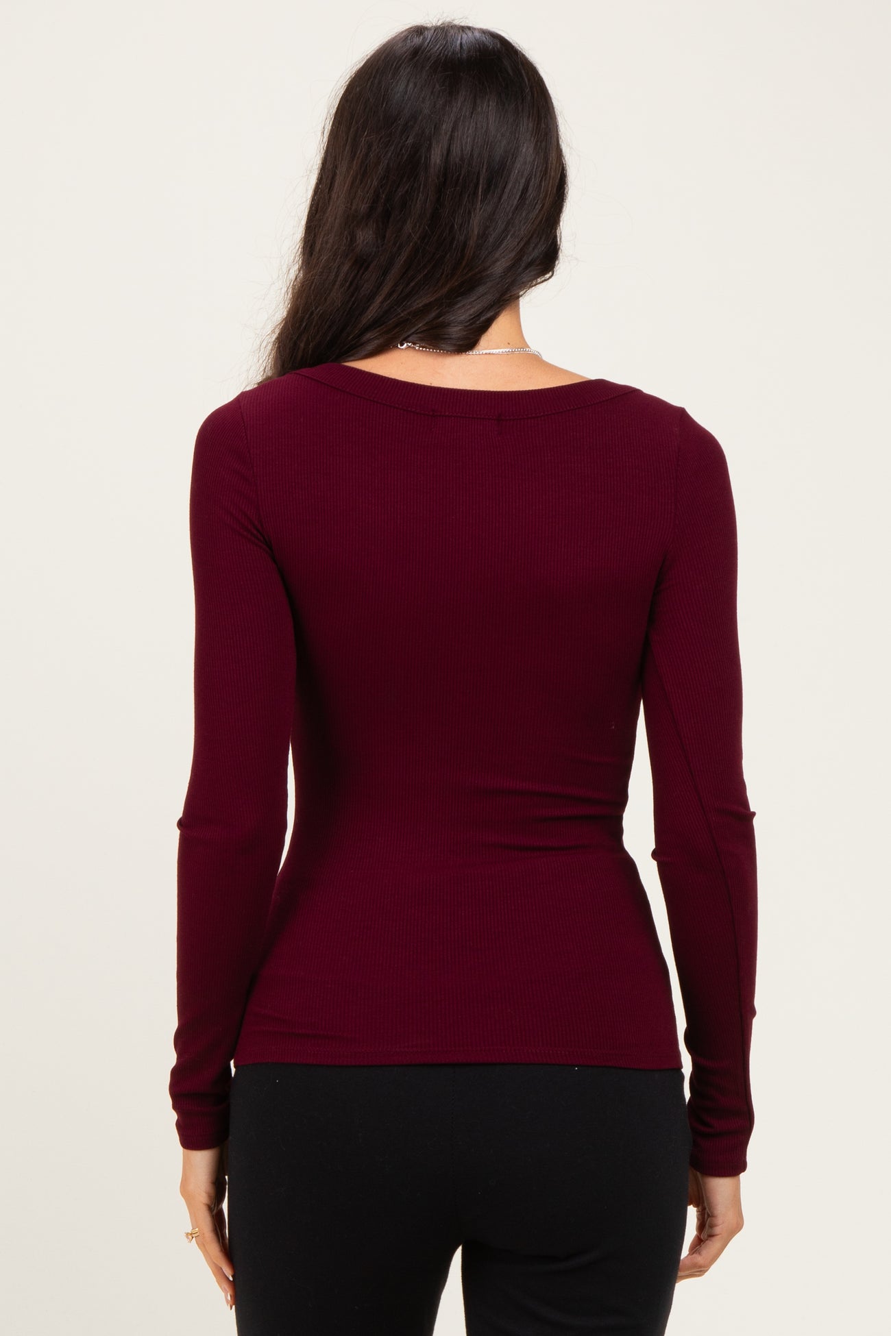 Burgundy Ribbed Scoop Neck Long Sleeve Top