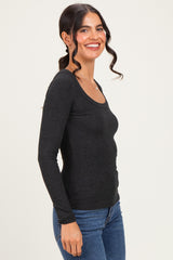 Charcoal Ribbed Scoop Neck Long Sleeve Top