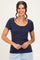 Navy Ribbed Button Scoop Neck Short Sleeve Top