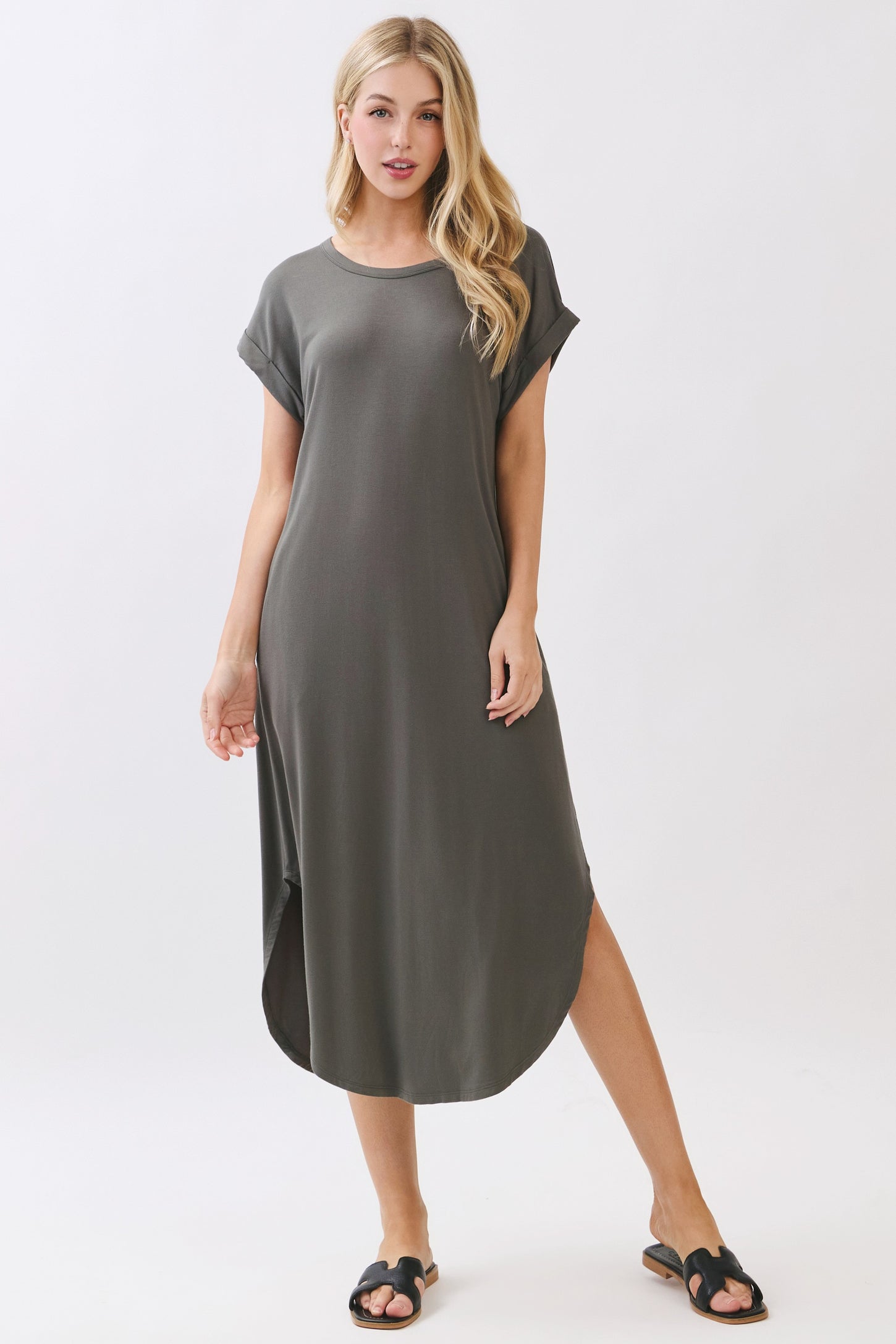 Gun Metal Rounded Hem Midi Dress