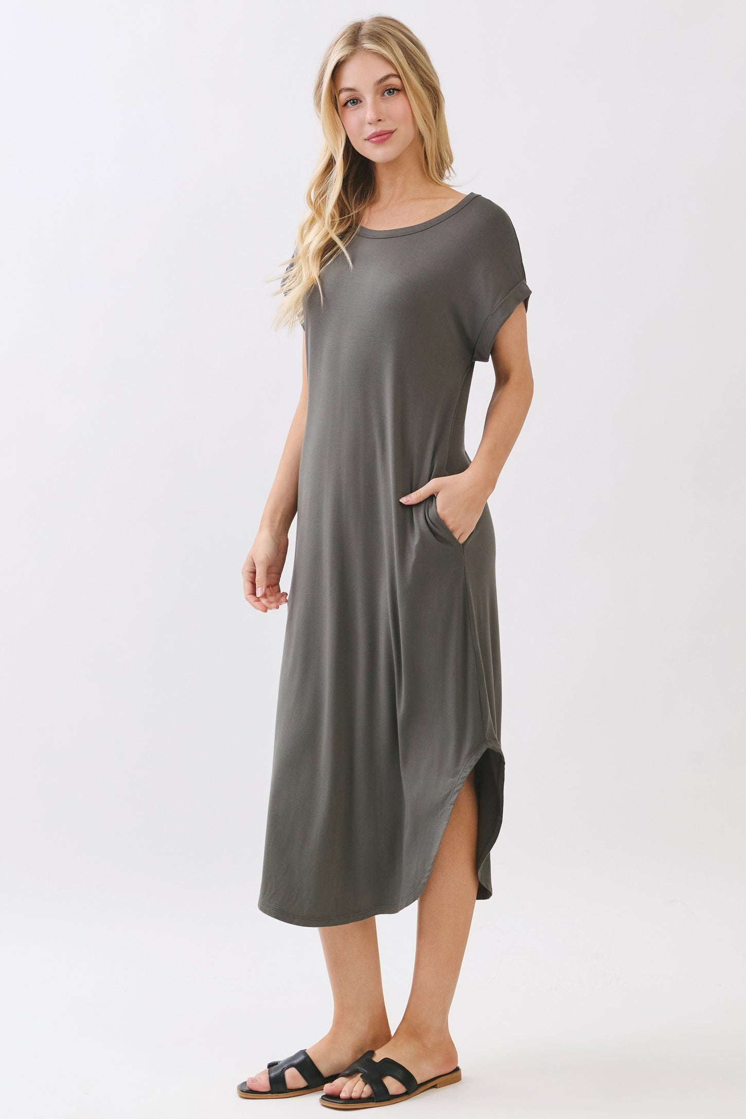 Gun Metal Rounded Hem Midi Dress