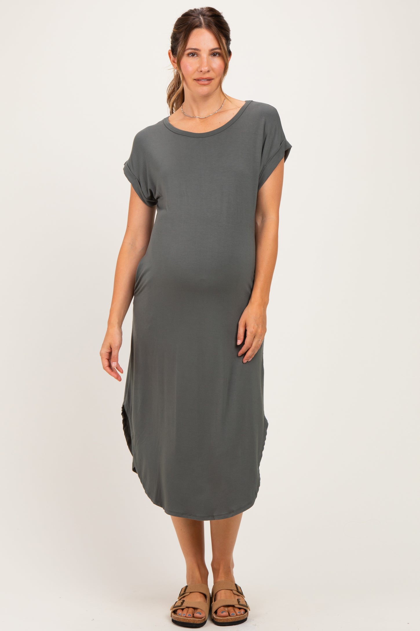 Gun Metal Rounded Hem Maternity Midi Dress