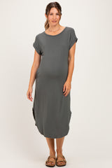 Gun Metal Rounded Hem Maternity Midi Dress