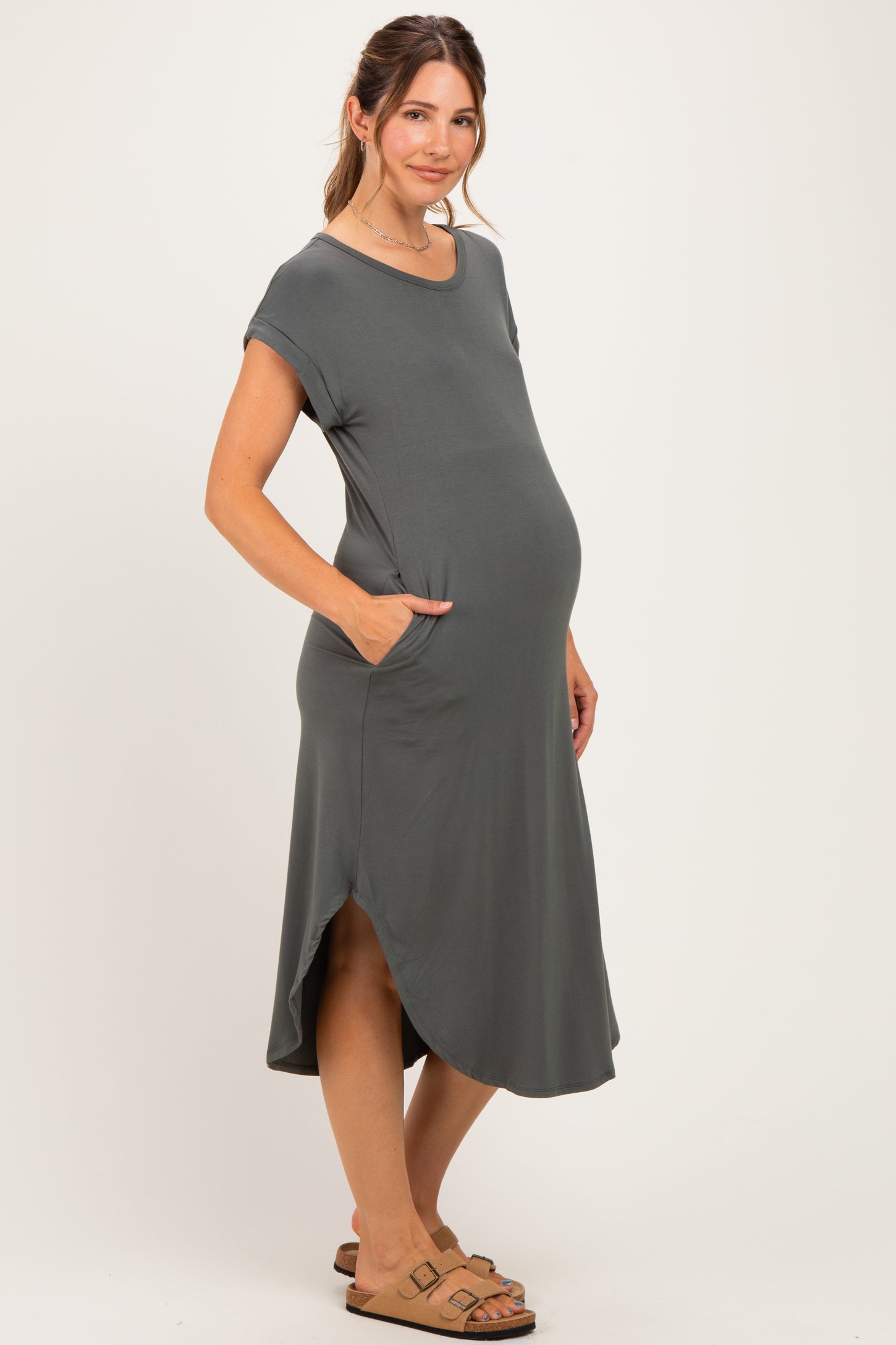 Gun Metal Rounded Hem Maternity Midi Dress