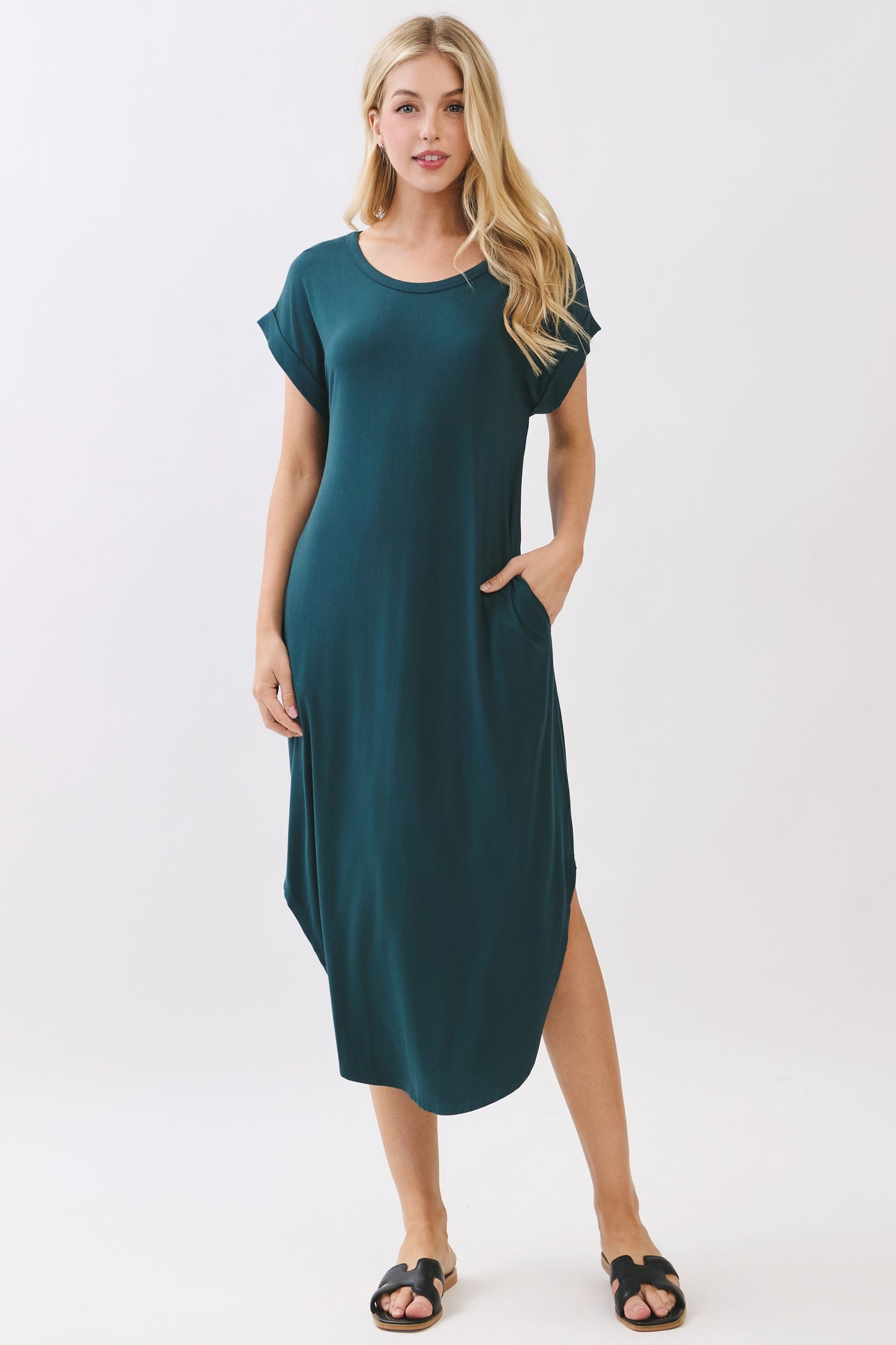 Hunter Green Rounded Hem Midi Dress