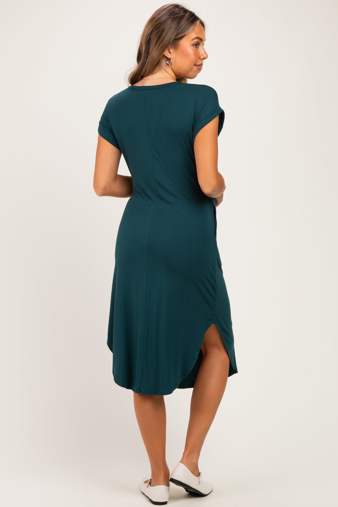 Hunter Green Rounded Hem Maternity Midi Dress