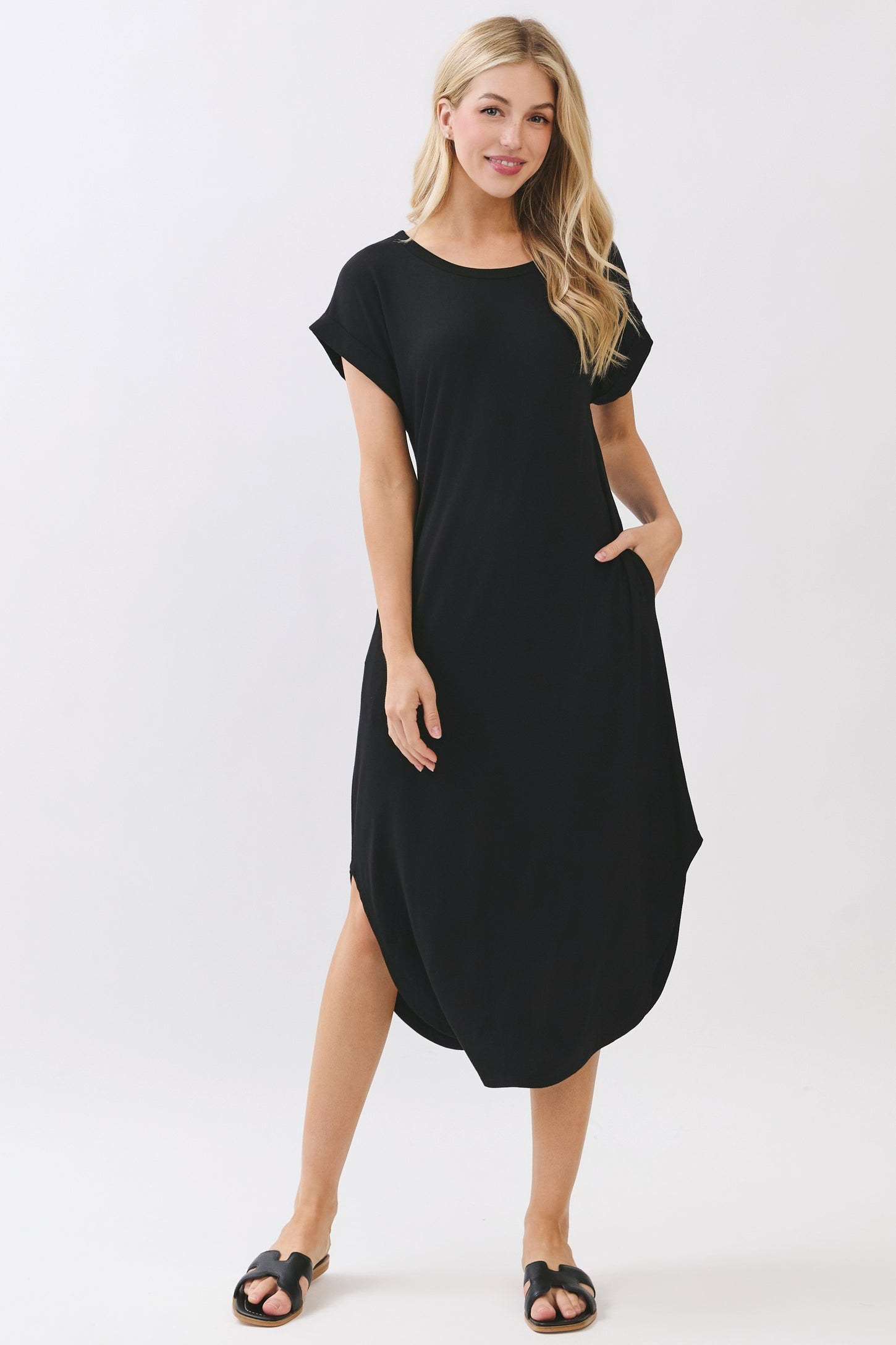 Black Rounded Hem Midi Dress
