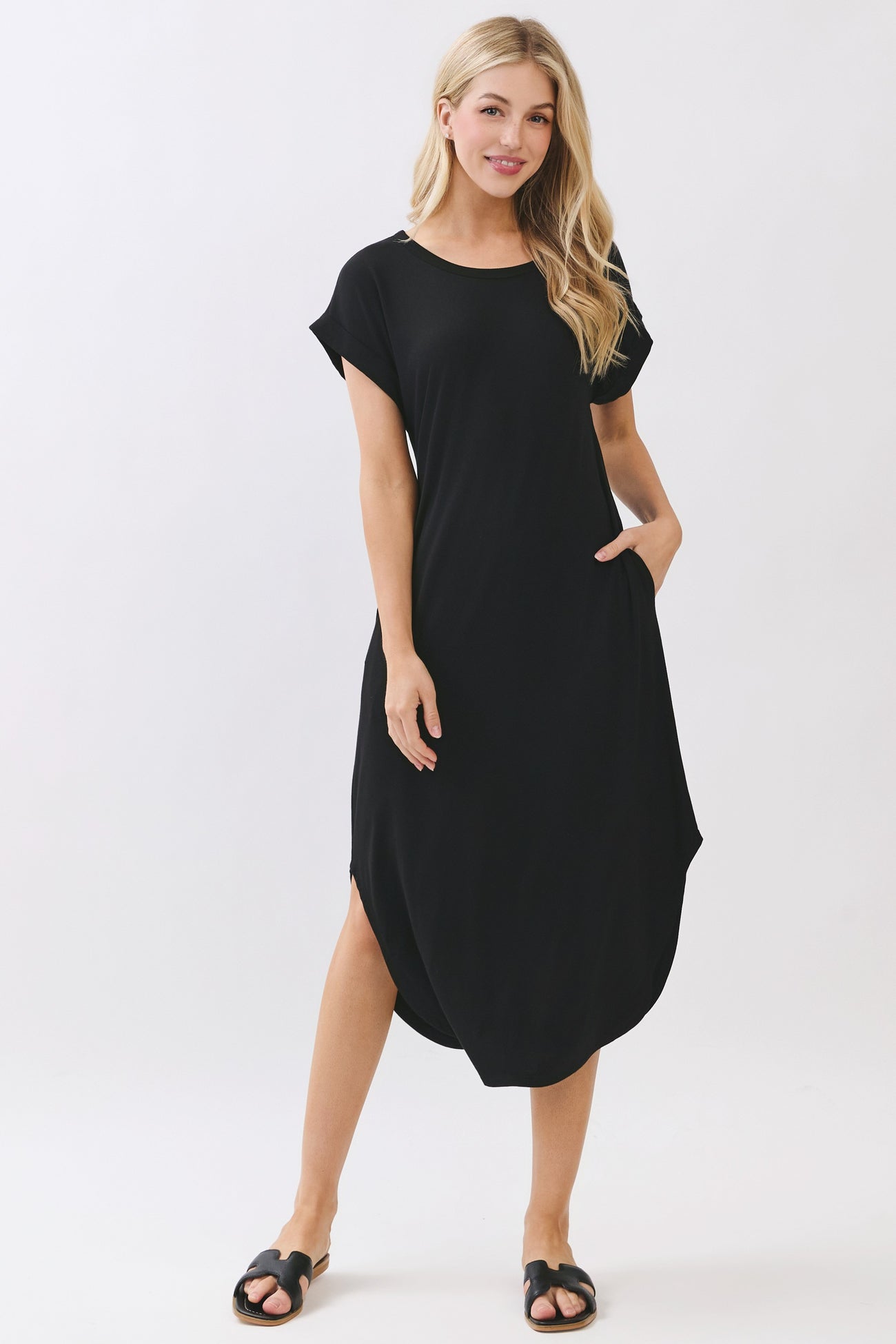 Black Rounded Hem Maternity Midi Dress