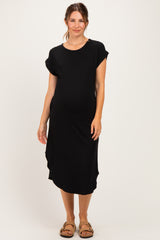 Black Rounded Hem Maternity Midi Dress