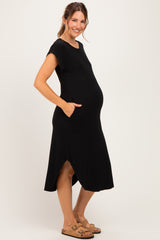 Black Rounded Hem Maternity Midi Dress