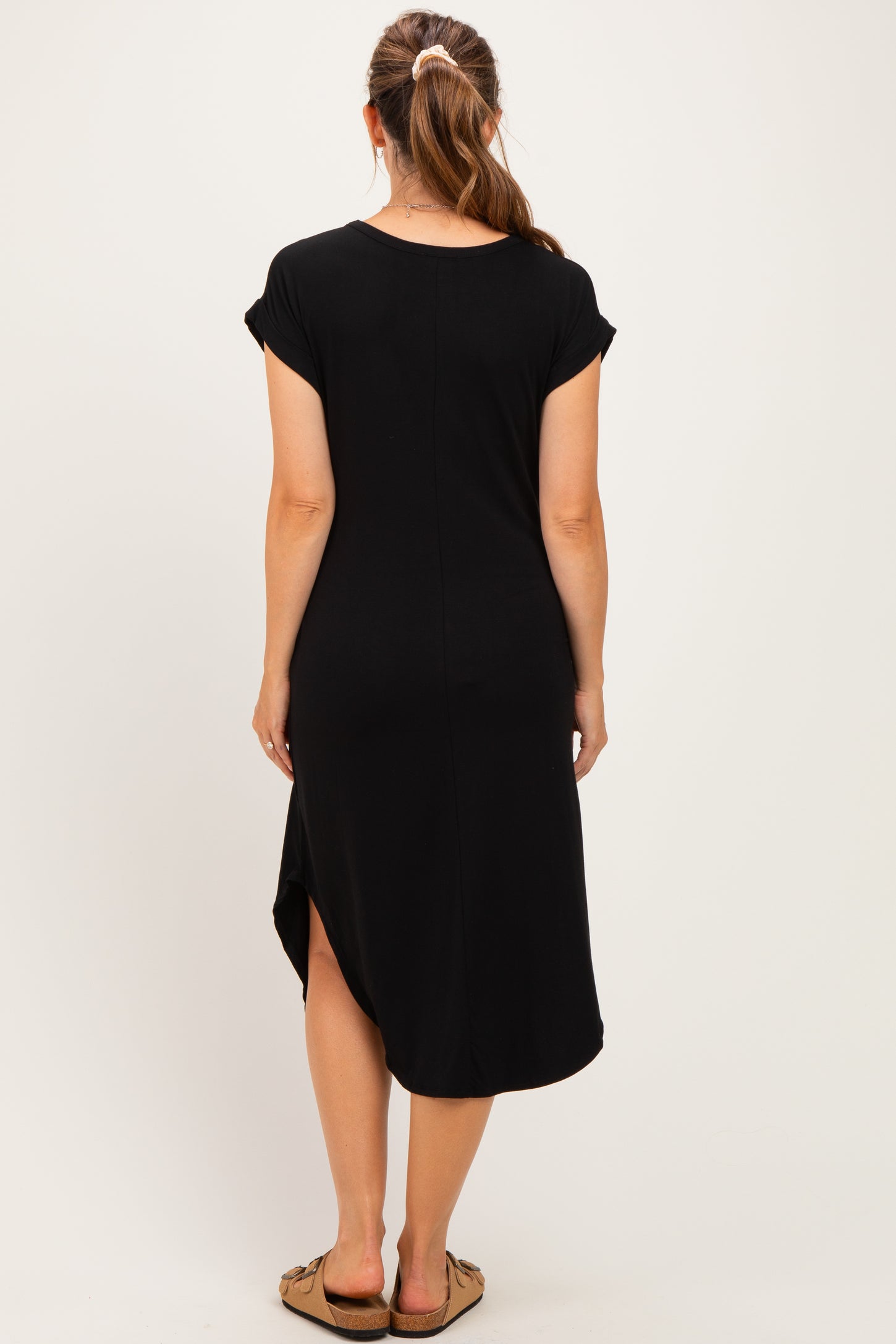 Black Rounded Hem Maternity Midi Dress