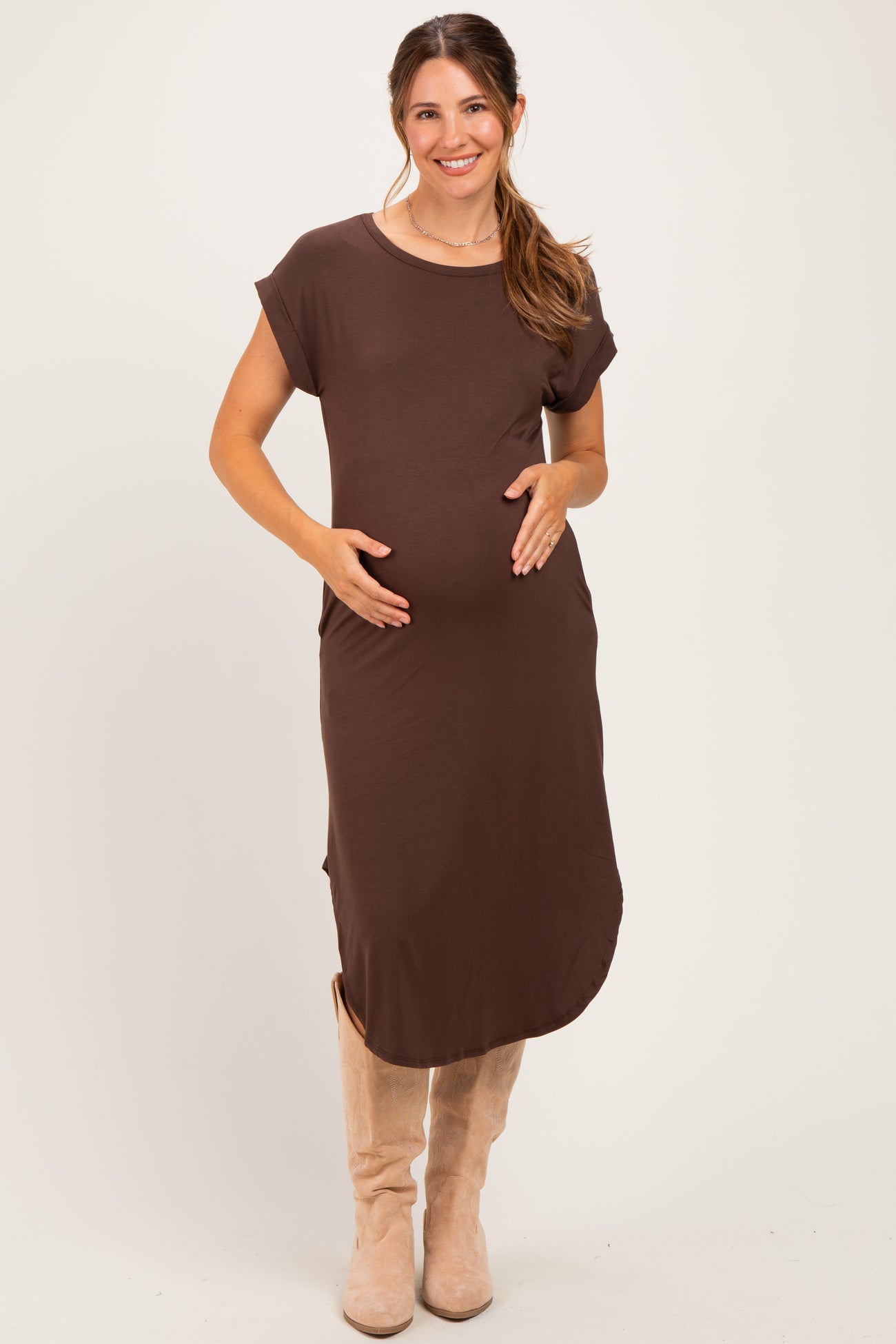 Chocolate Rounded Hem Maternity Midi Dress