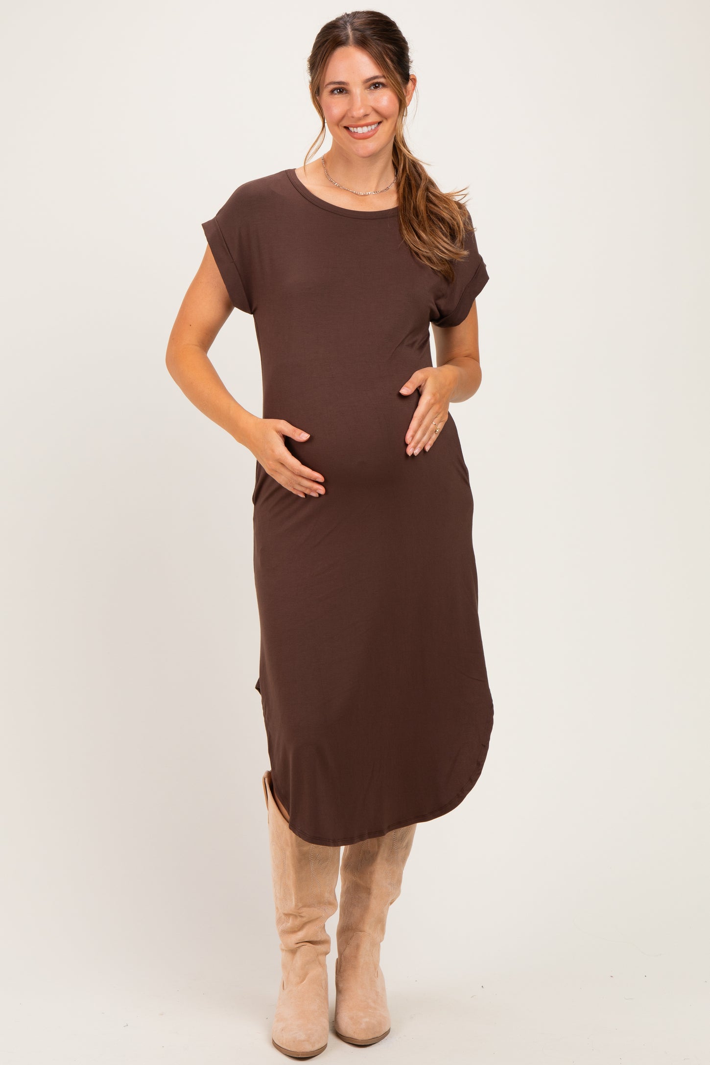 Chocolate Rounded Hem Maternity Midi Dress