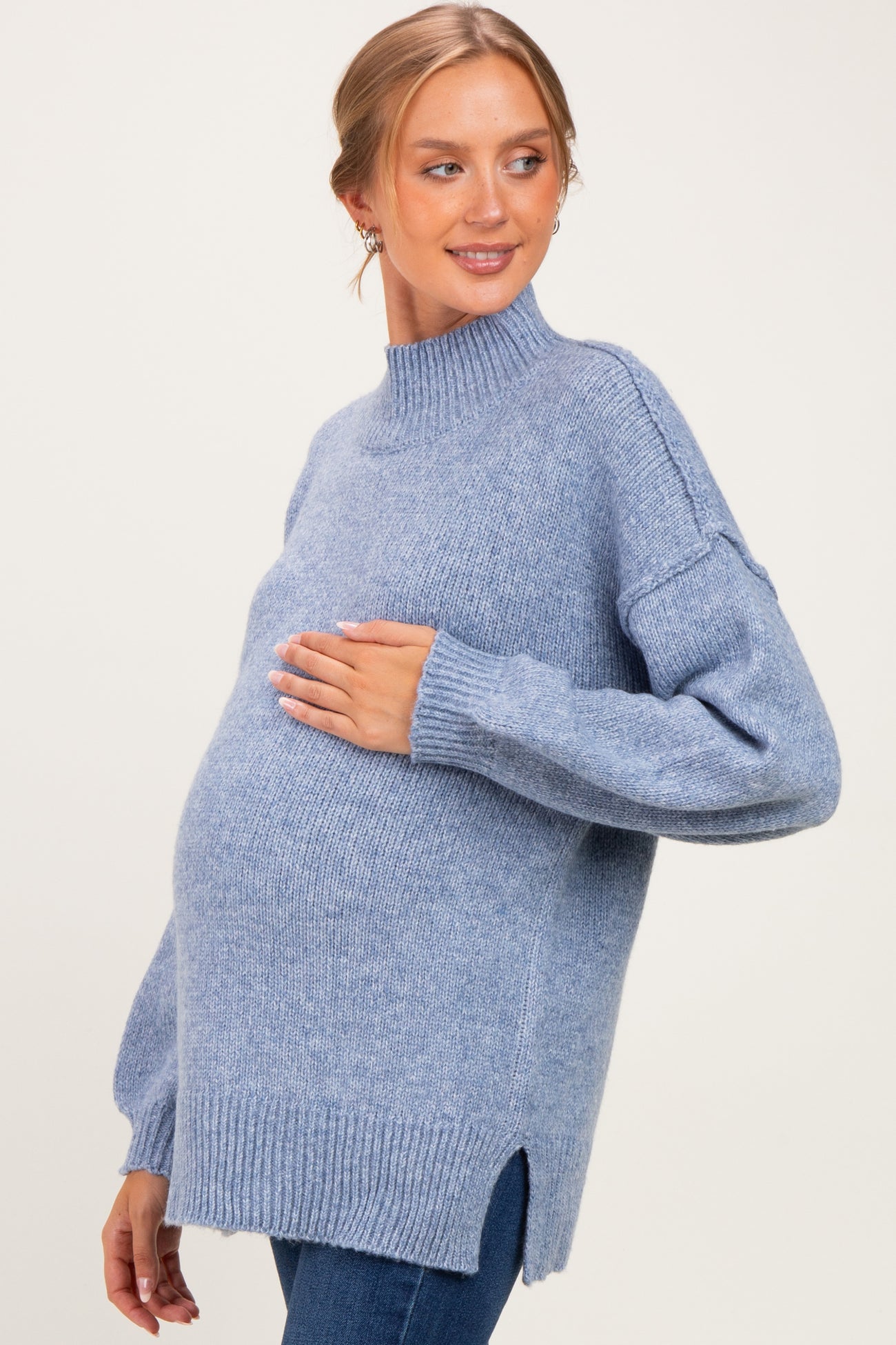 Blue Mock Neck Oversized Maternity Sweater